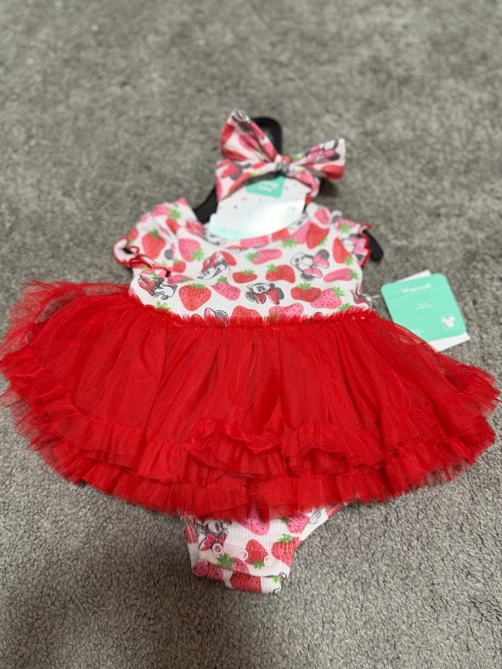 Disney Baby Minnie Mouse Strawberry Tutu Bodysuit Dress and Bow NWT 6-9 Month